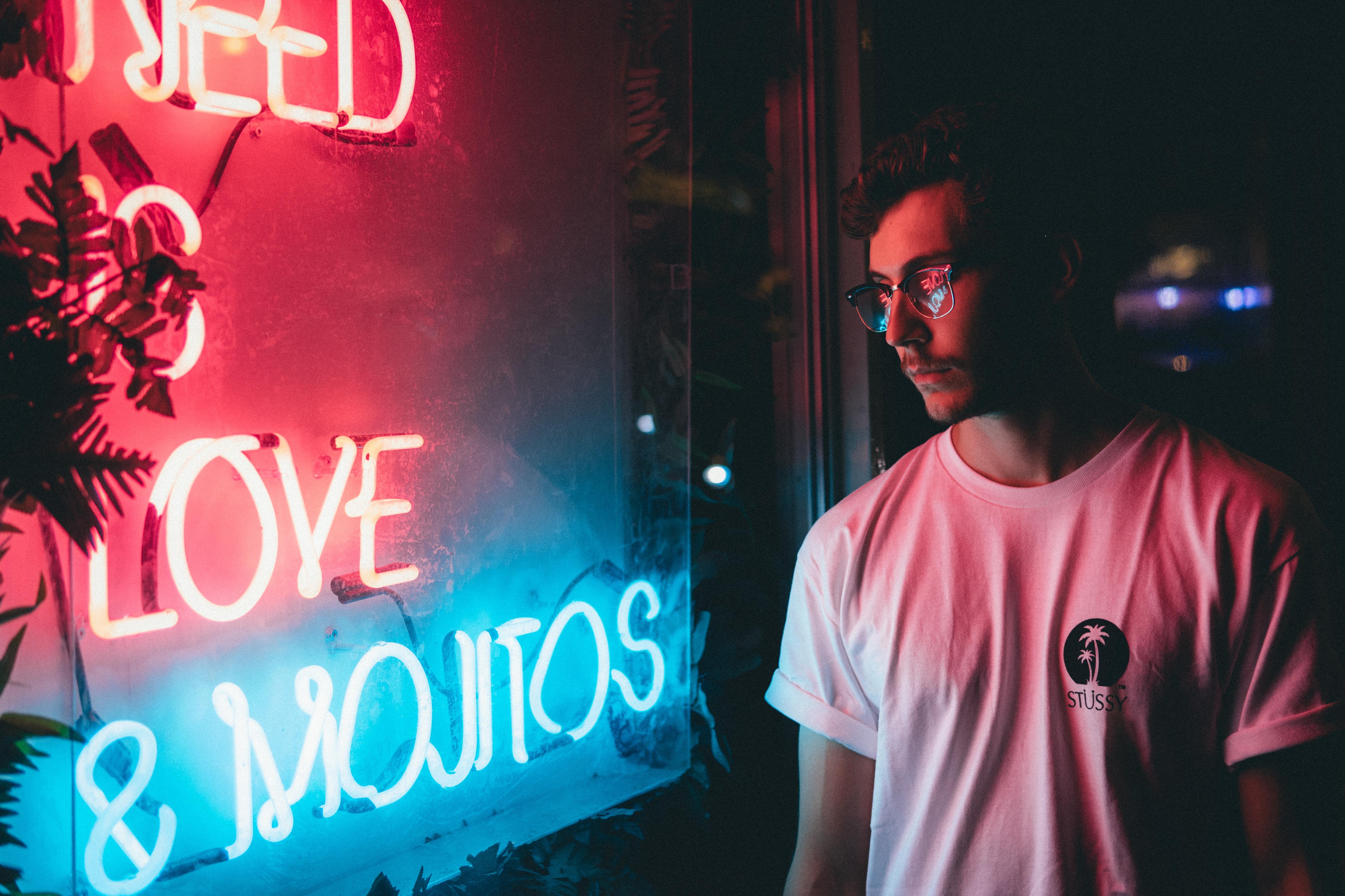 5596x3731 5596x3731 #t Shirt, #blue, #man, #neon Sign, #neon Light, #streetscape, #illuminated, #tree, #portrait, #street, #light, #glass, #pink, #alone, #shanghai, #glasses, #city Light, #illumination, #male, #Creative Commons Image, #neon HD