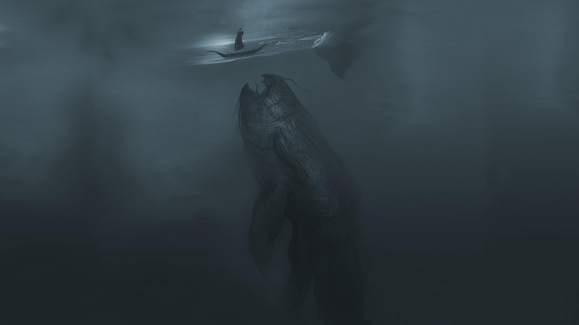 1920x1080 Epic Sea Monster Encounter: The Whale Beneath the Haunted Ship Fantasy Wallpaper