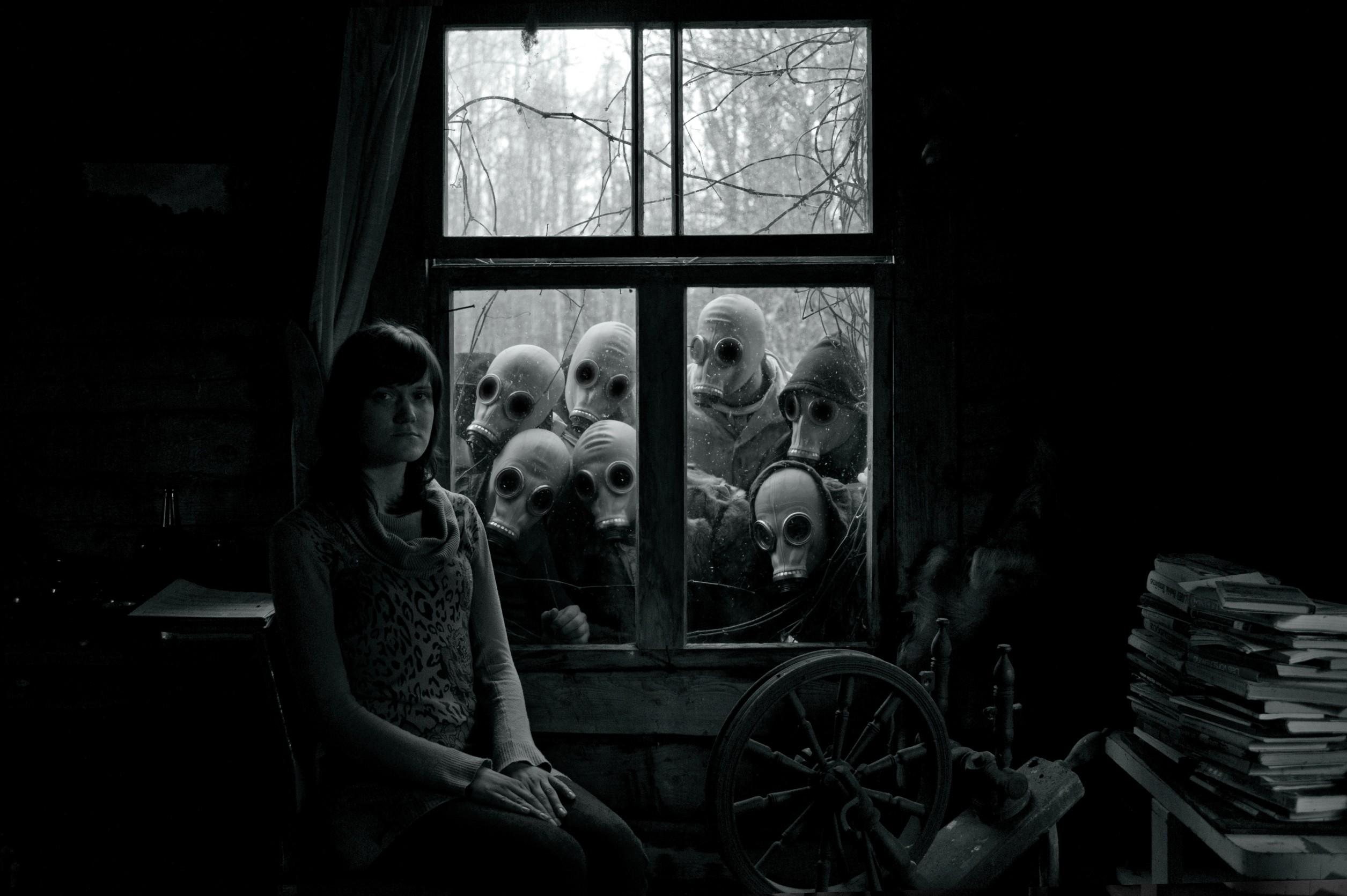 2511x1671 1920x1200 apocal, apocalyptic, black, books, creepy, dark, emotion, females, gas, girls, glasses, goggles, gothic, horror, light, mask, mood, people, room, sad, scary, shadow, situation, sorrow, spooky, trees, white, window, women