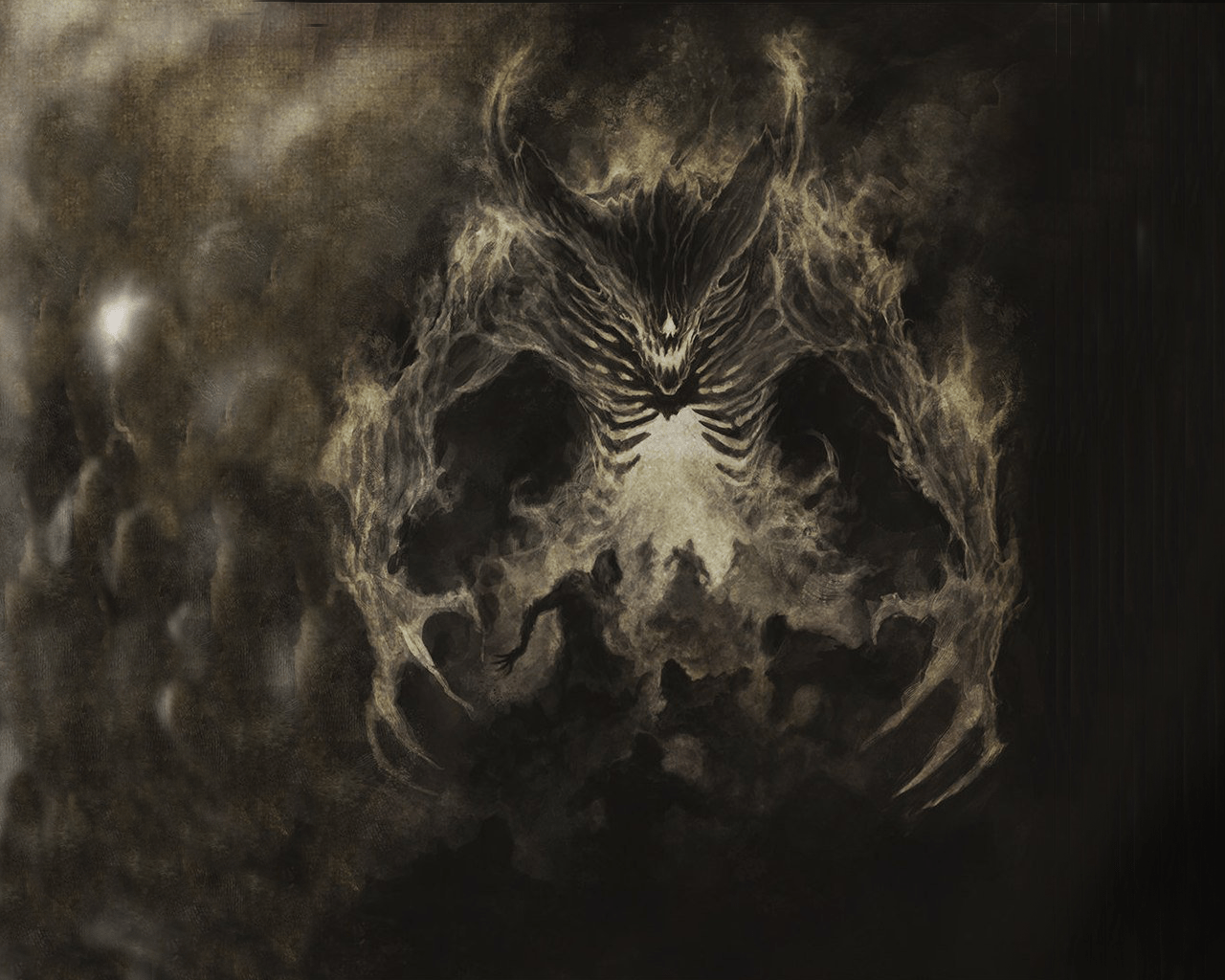 1280x1024 Wallpaper / faded, creepy, creature, ghosts, shadow, demon, horns, demon horns, fire free download