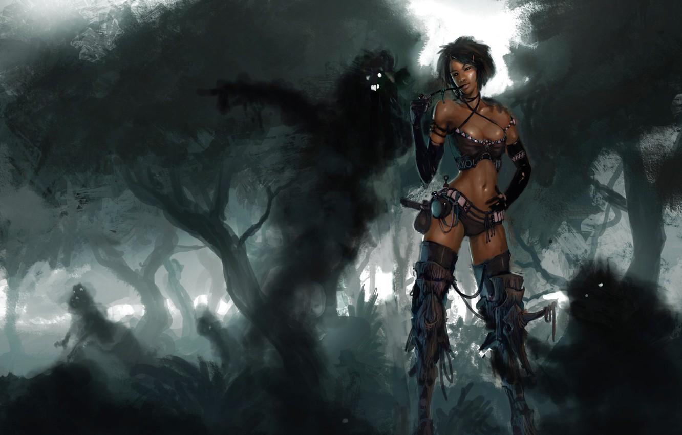 1332x850 Wallpaper the darkness, dark, horror, fantasy, haze, the witch, horror, evil, great figure, shadows, creepy, slender girl, dark skin, night forest, forest fairy, курит трубку image for desktop, section сэйнэн