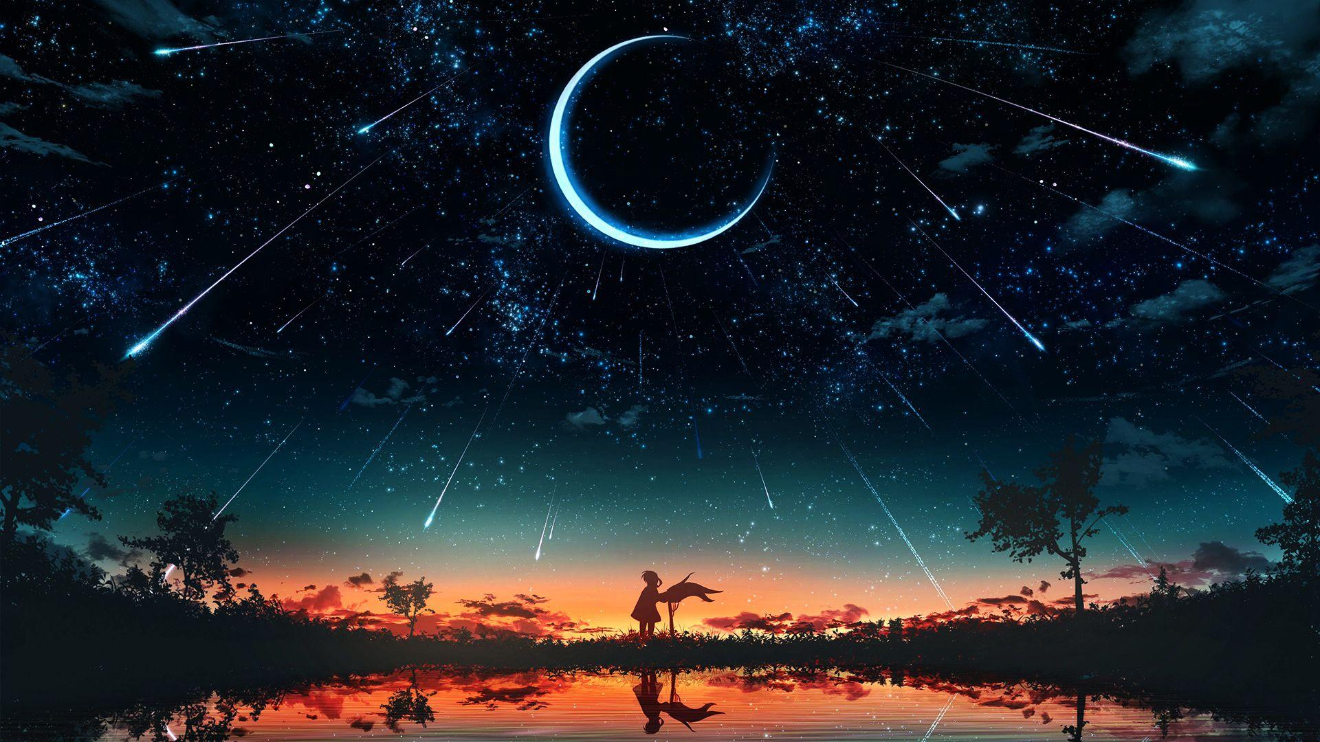 1920x1080 falling, space, water, landscape, anime landscape, sky, starry night, fantasy art, artwork, stars, Moon, sunlight, natu. Anime scenery, Scenery, Scenery wallpaper