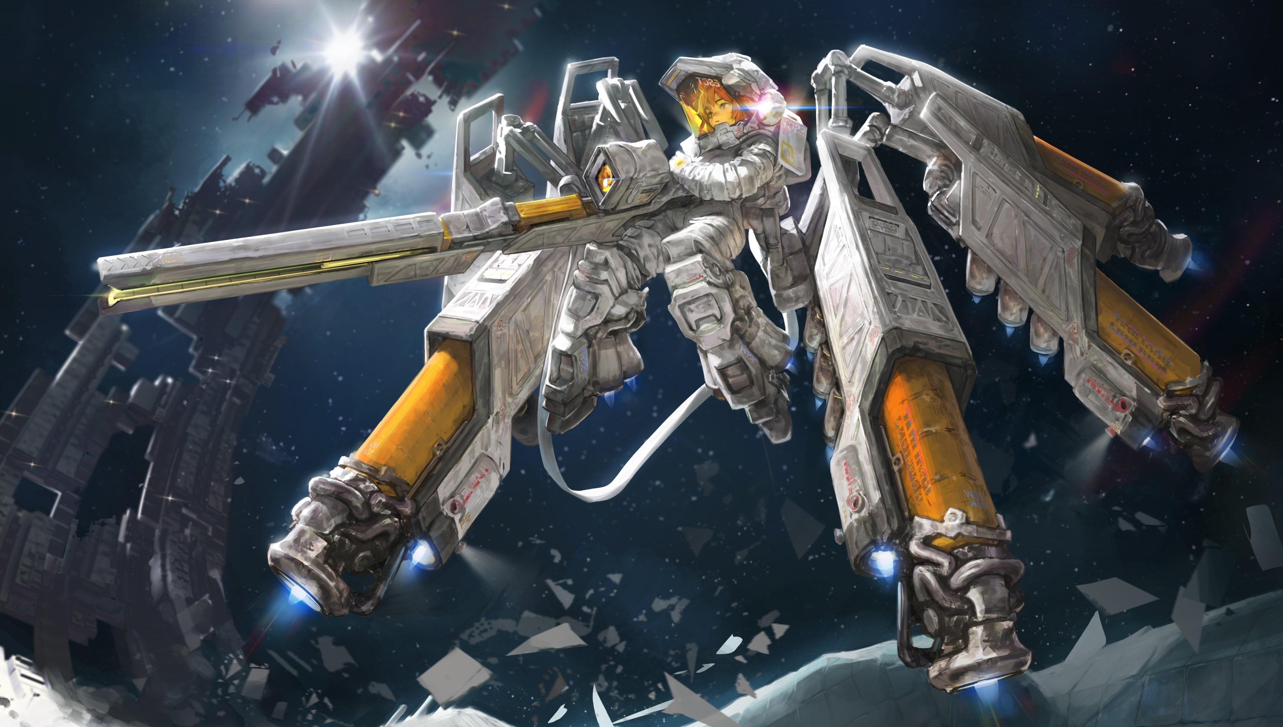 4096x2321 Wallpaper Spacesuit, Floating, Sci Fi Anime, Mecha, Anime Girl, Anime Space:4096x2321