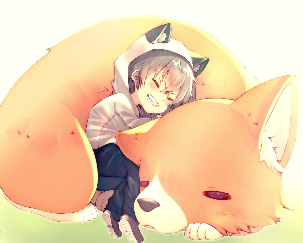 1280x1024 Wallpaper Chibi, Cute Anime Boy, Oogami Kouga, Smiling, Shoujo, Animal Ears, Ensemble Stars, Fox:2000x1334