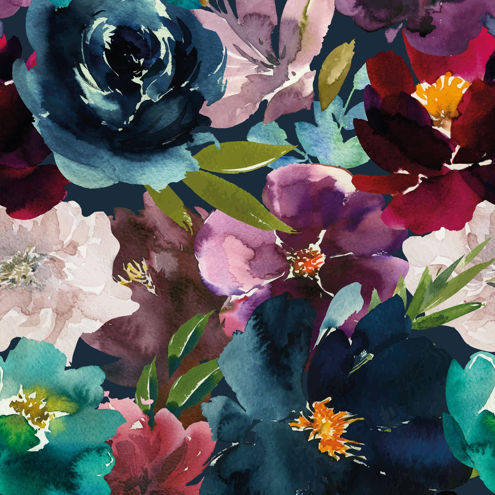 2000x2000 Once and Floral Wallpaper, in Navy, Teal, Burgundy and Mauve