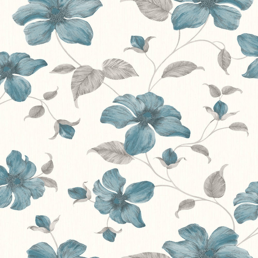 1000x1000 Grandeco Magnolia Floral Flowers Glitter Textured Teal Grey Wallpaper A44404