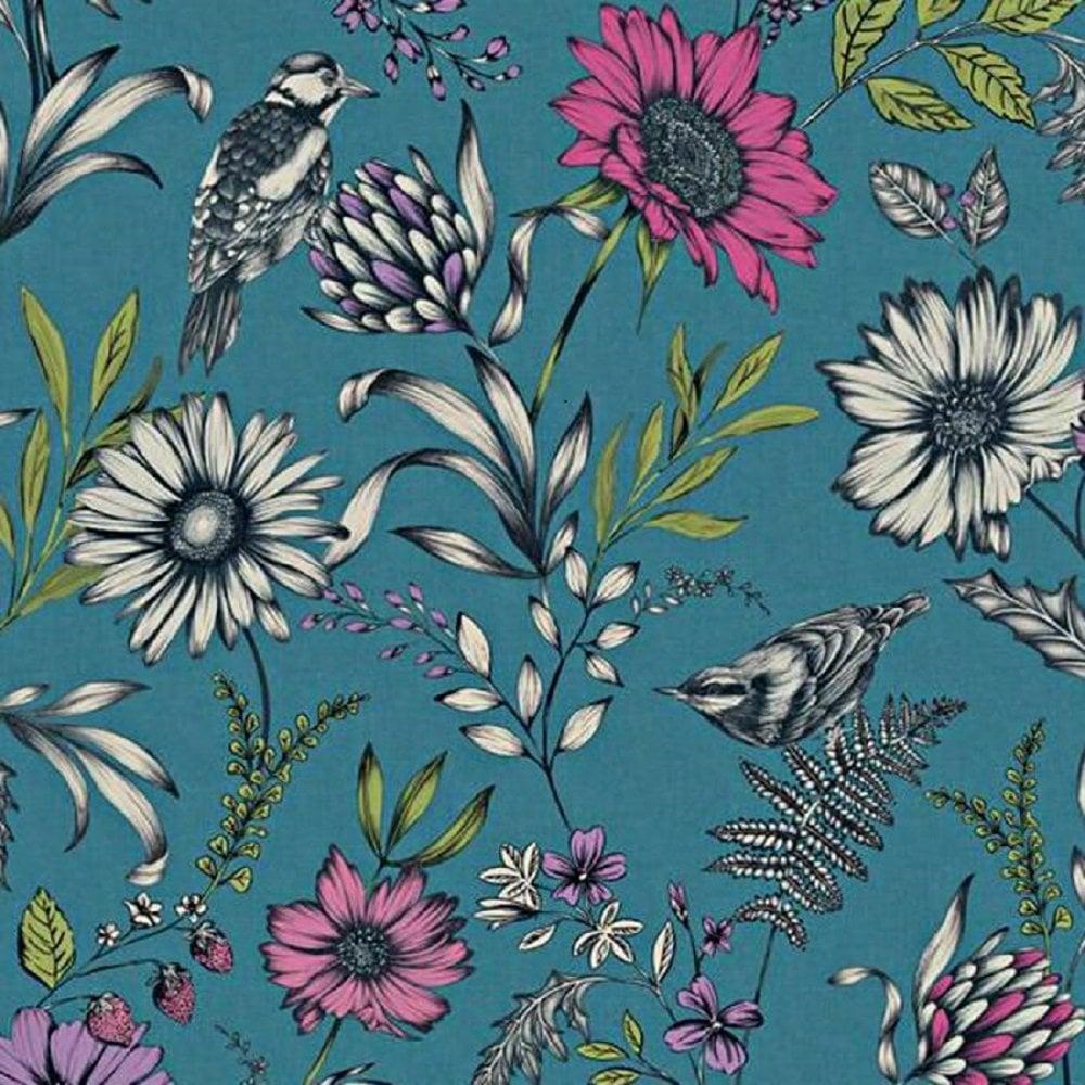 1000x1000 Botanical Flower Floral Wallpaper Songbird Teal Blue Chintz Birds