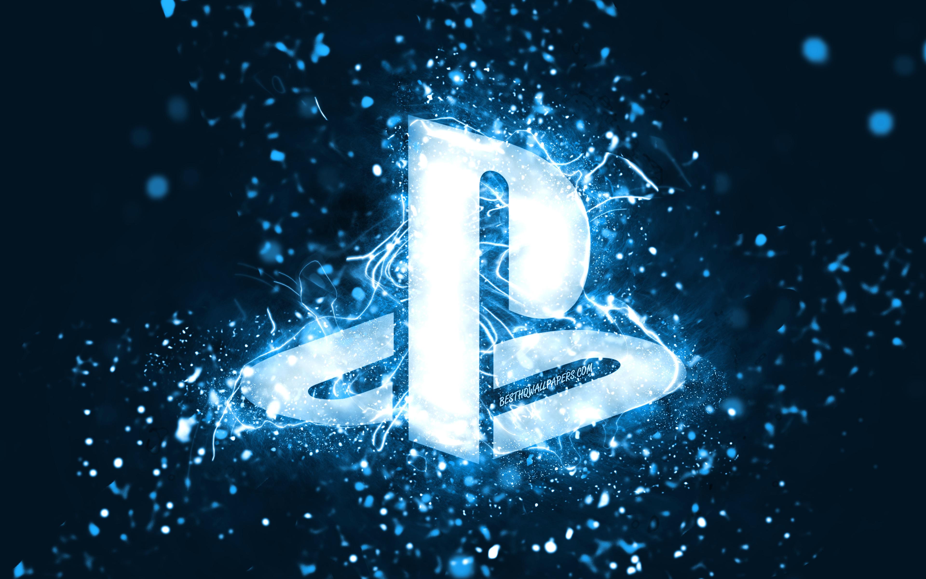 3840x2400 Download wallpaper PlayStation blue logo, 4k, blue neon lights, creative, blue abstract background, PlayStation logo, PlayStation for desktop with resolution 3840x2400. High Quality HD picture wallpaper