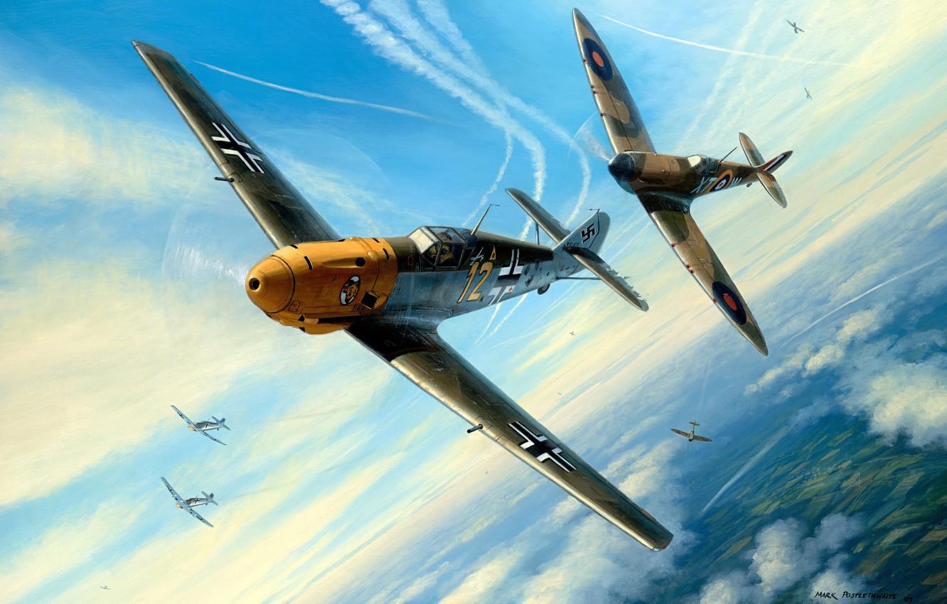 1332x850 Wallpaper Figure, Messerschmitt, Battle Of Britain, RAF, Air Force, The Second World War, Supermarine, Dogfight, Spitfire Mk.I, Bf.109E 4 Image For Desktop, Section авиация