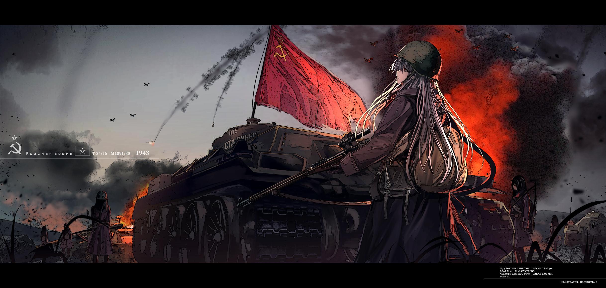 2437x1160 Anime Anime Girls Haguruma Artwork Soviet Army World War Ii Tank T 34 Original Characters Female Sol Wallpaper:2437x1160