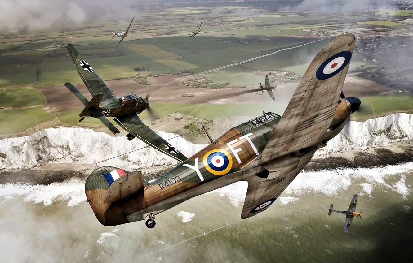 1332x850 Wallpaper Battle of Britain, Bf.109E, WWII, Hawker Hurricane Mk.I, The white cliffs of Dover, Ju.87B, 43 Sqn RAF image for desktop, section авиация
