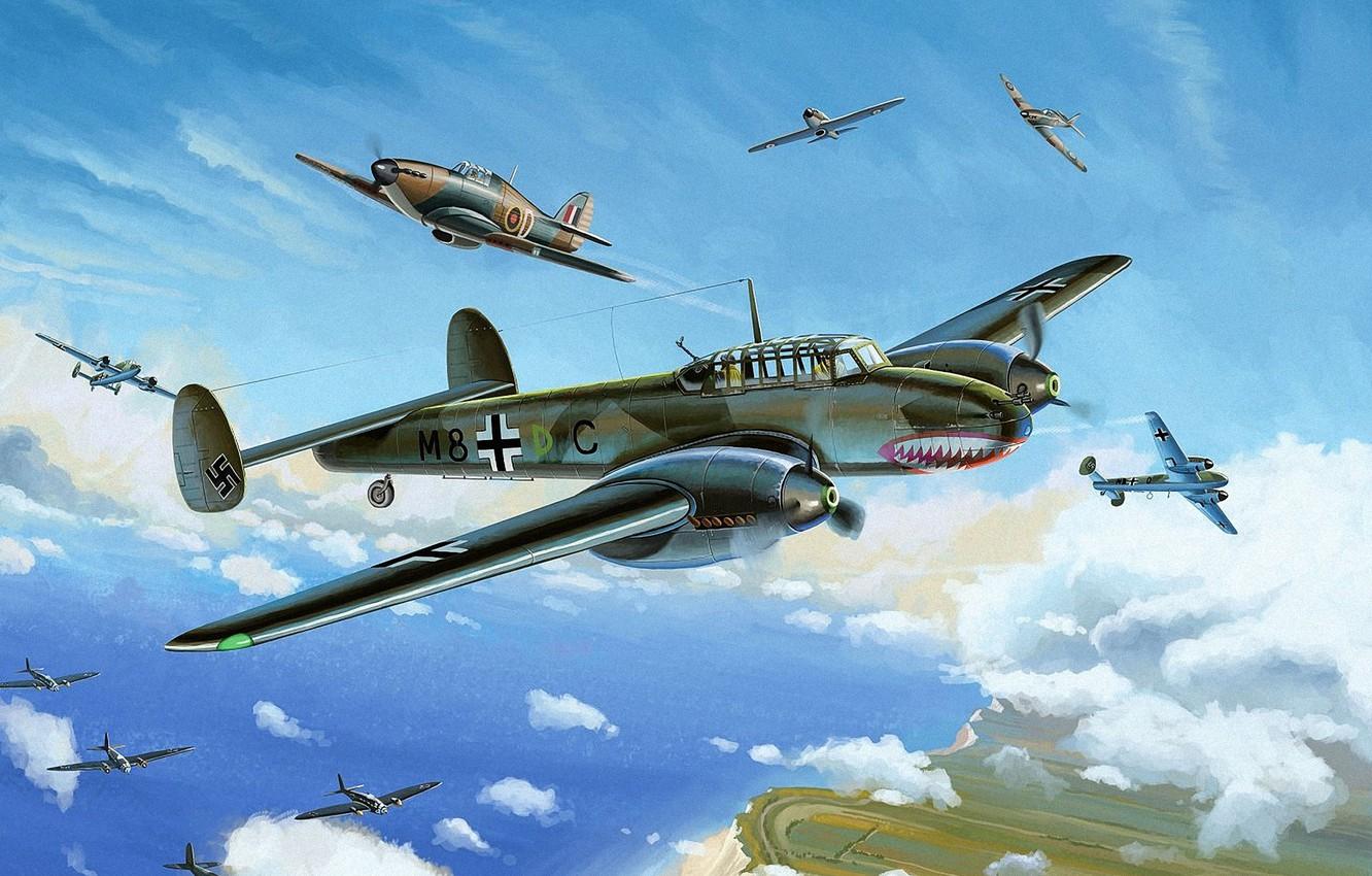 1332x850 Wallpaper war, art, painting, Hurricane, drawing, ww He dogfight, bf battle of britain, dover image for desktop, section авиация