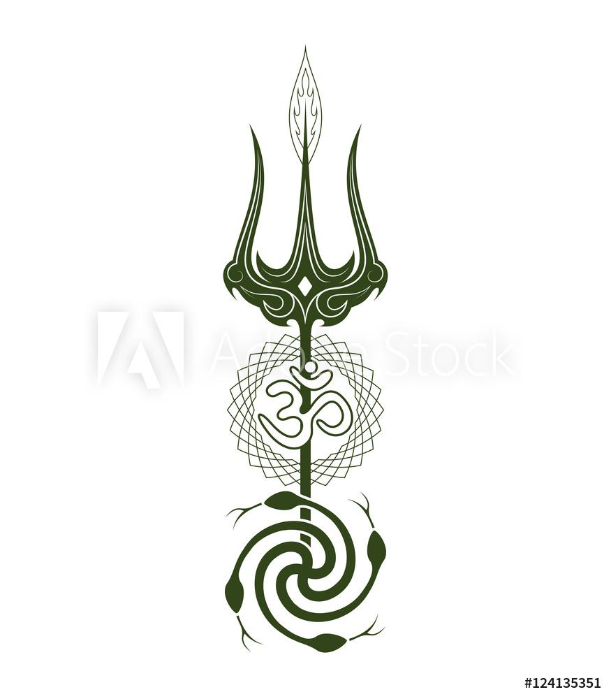 875x1000 Symbols Yoga Trishula, The Sacred Syllable Om, Snakes Symbolize The Kundalini Energy, Stencil, Vector Wall Mural Natalia Sedyakina