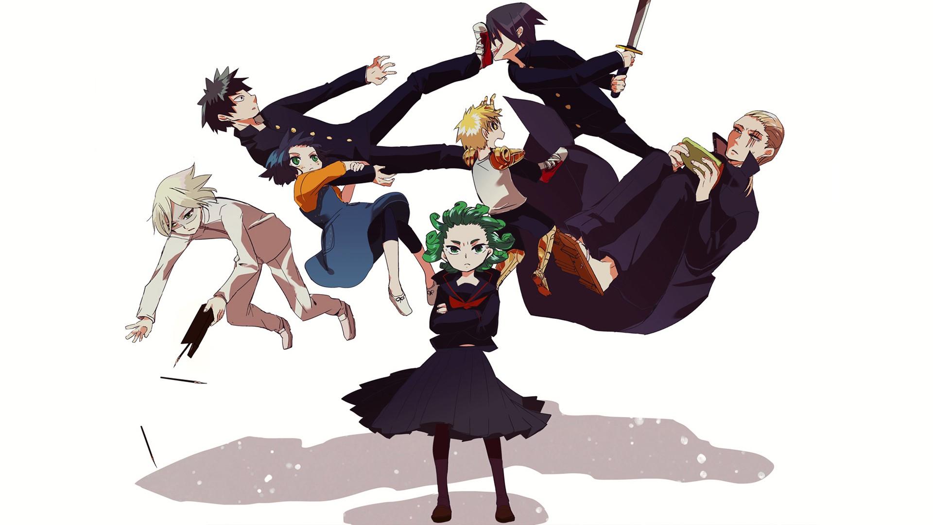 1920x1080 Wallpaper / One Punch Man, King (One Punch Man), Saitama, Genos, Super Sonico, Tatsumaki, Fubuki, 2D, Anime Girls, Anime Boys, JK, School Uniform, Simple Background, Scars, Short Hair, Loli, Small Boobs, Pantyhose