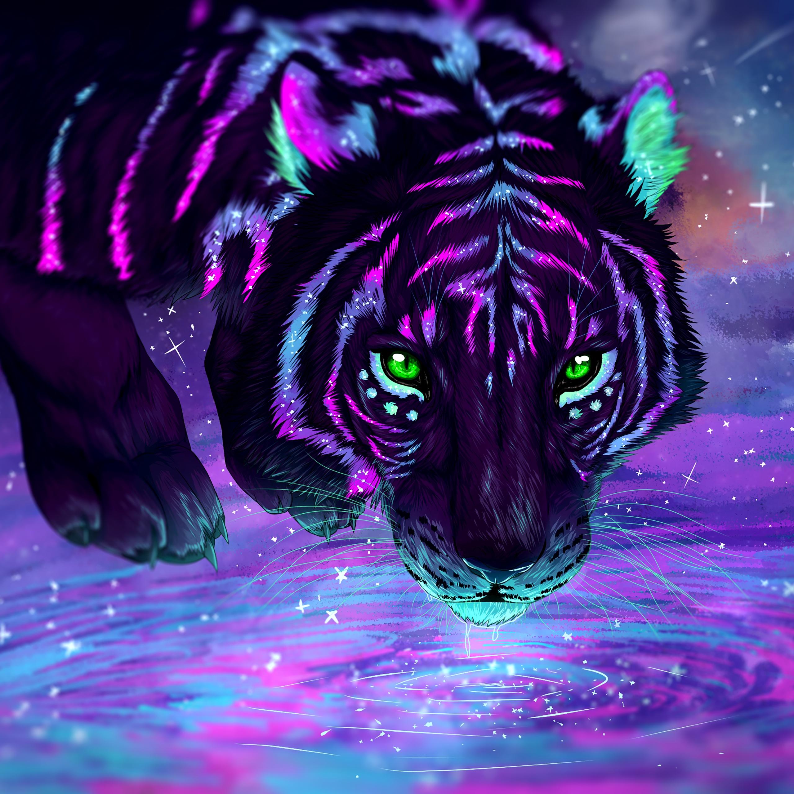 2560x2560 Tiger Wallpaper 4K, Neon, Digital paint, Glowing, Graphics CGI