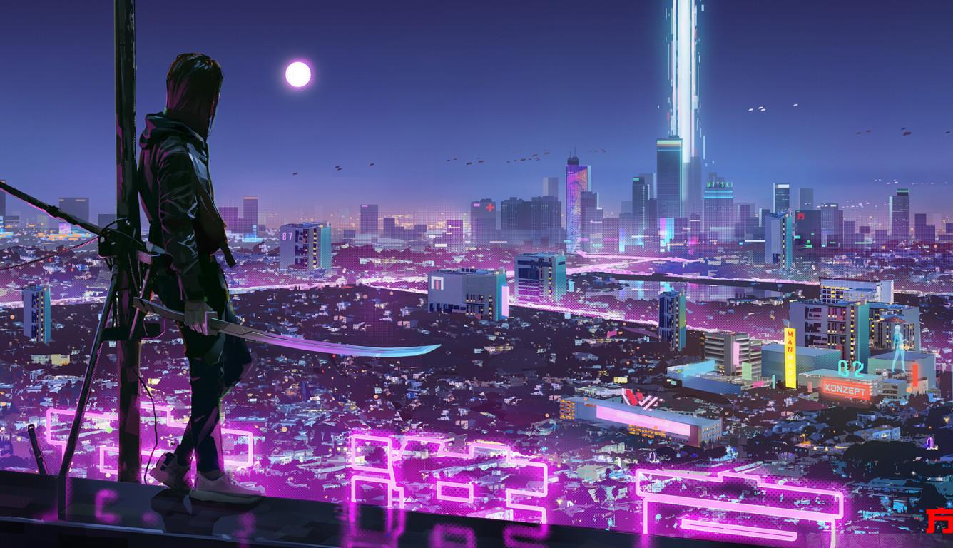 1336x768 Warrior Girl in Cyberpunk City HD Laptop Wallpaper, HD Artist 4K Wallpaper, Image, Photo and Background