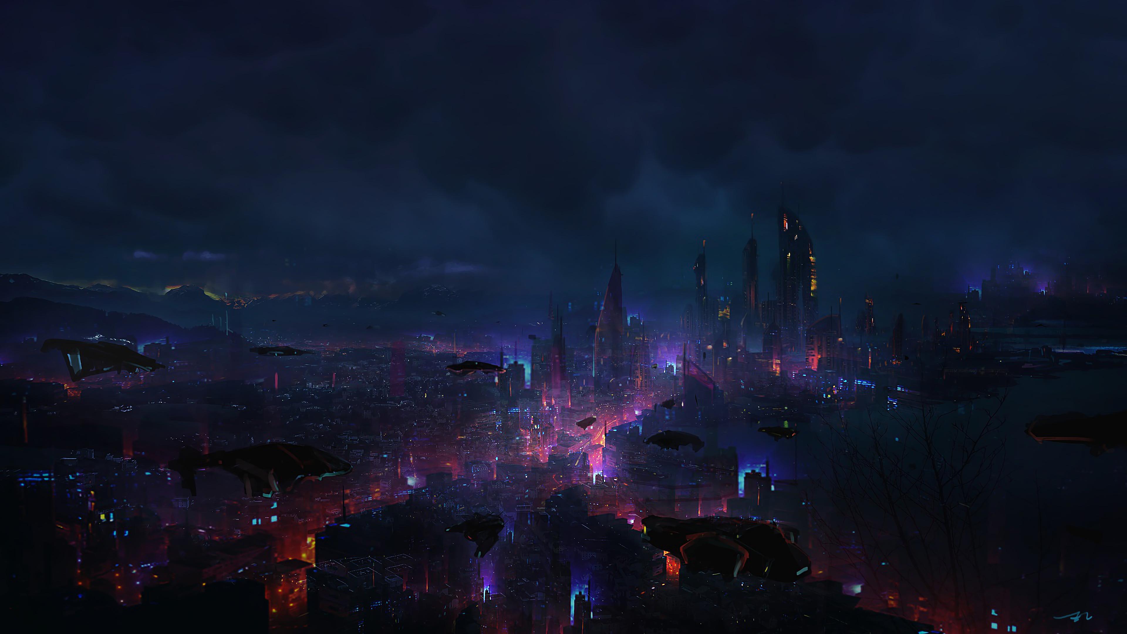 3840x2160 Cyberpunk City Night Scenery Sci Fi 4K Wallpaper