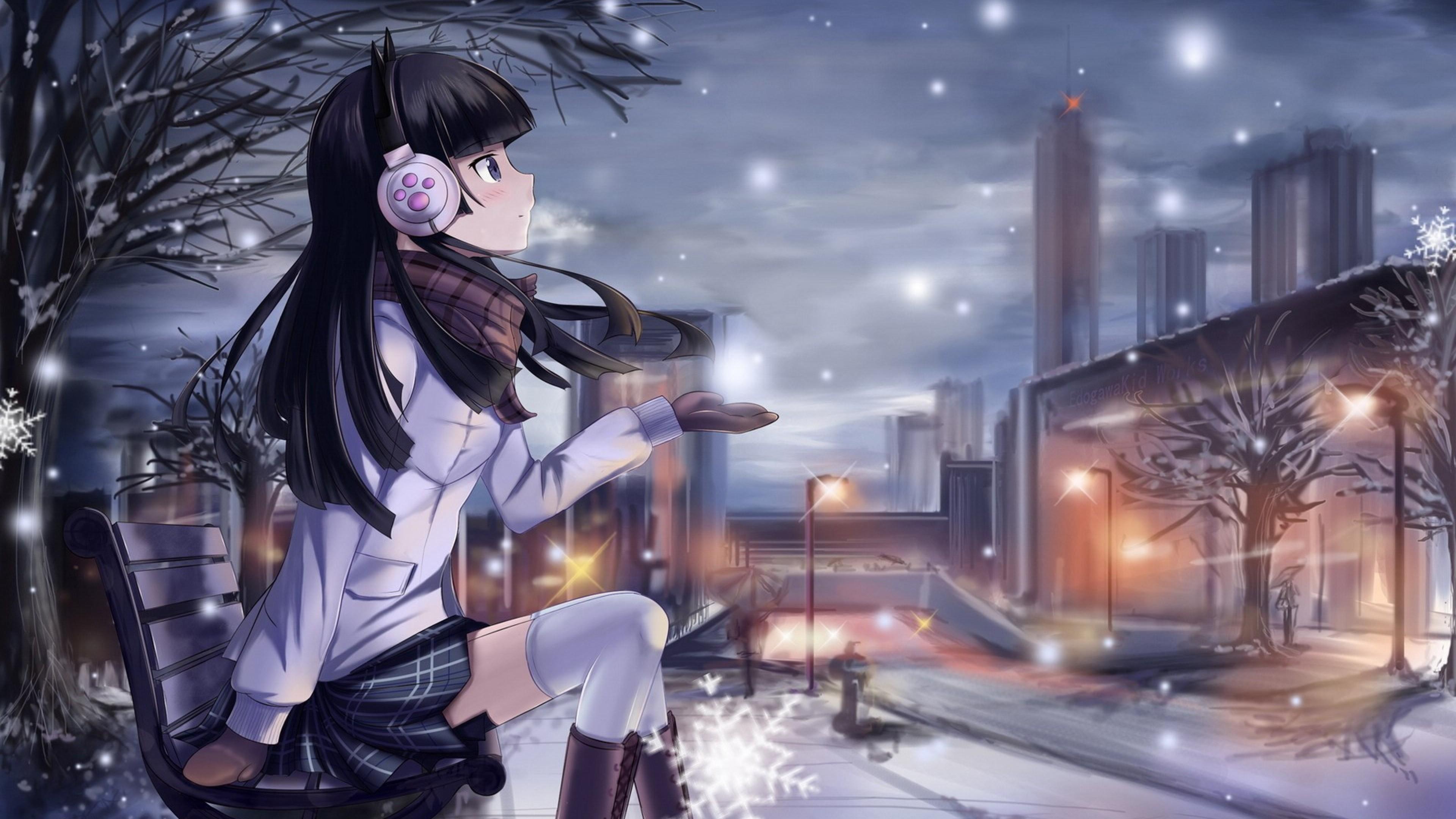 3840x2160 Unique Winter Anime Girl HD Wallpaper 4K Ultra HD