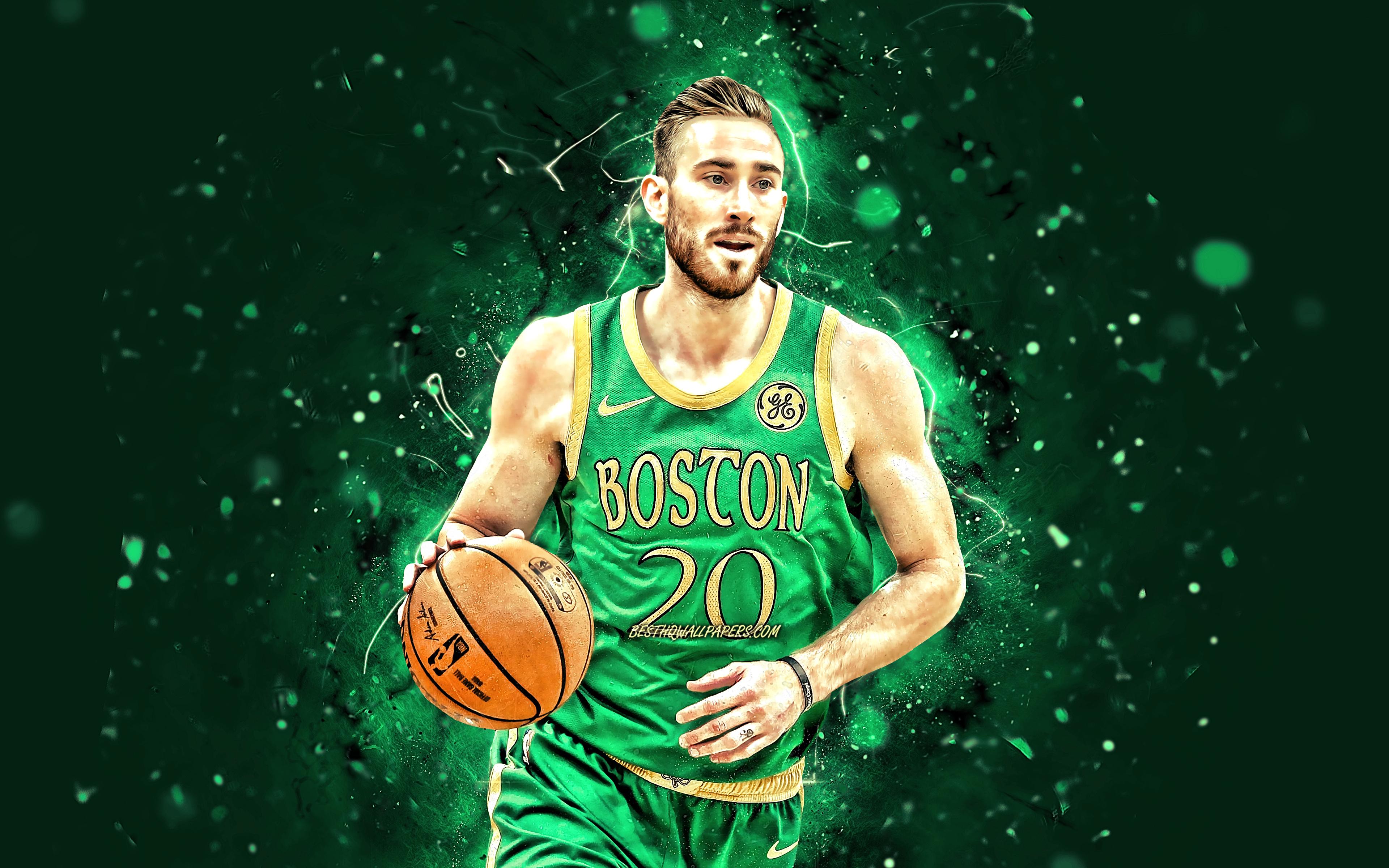3840x2400 Download wallpaper Gordon Hayward, 4k, Boston Celtics, NBA, basketball, green neon lights, Gordon Daniel Hayward, USA, Gordon Hayward Boston Celtics, creative, Gordon Hayward 4K for desktop with resolution 3840x2400. High Quality