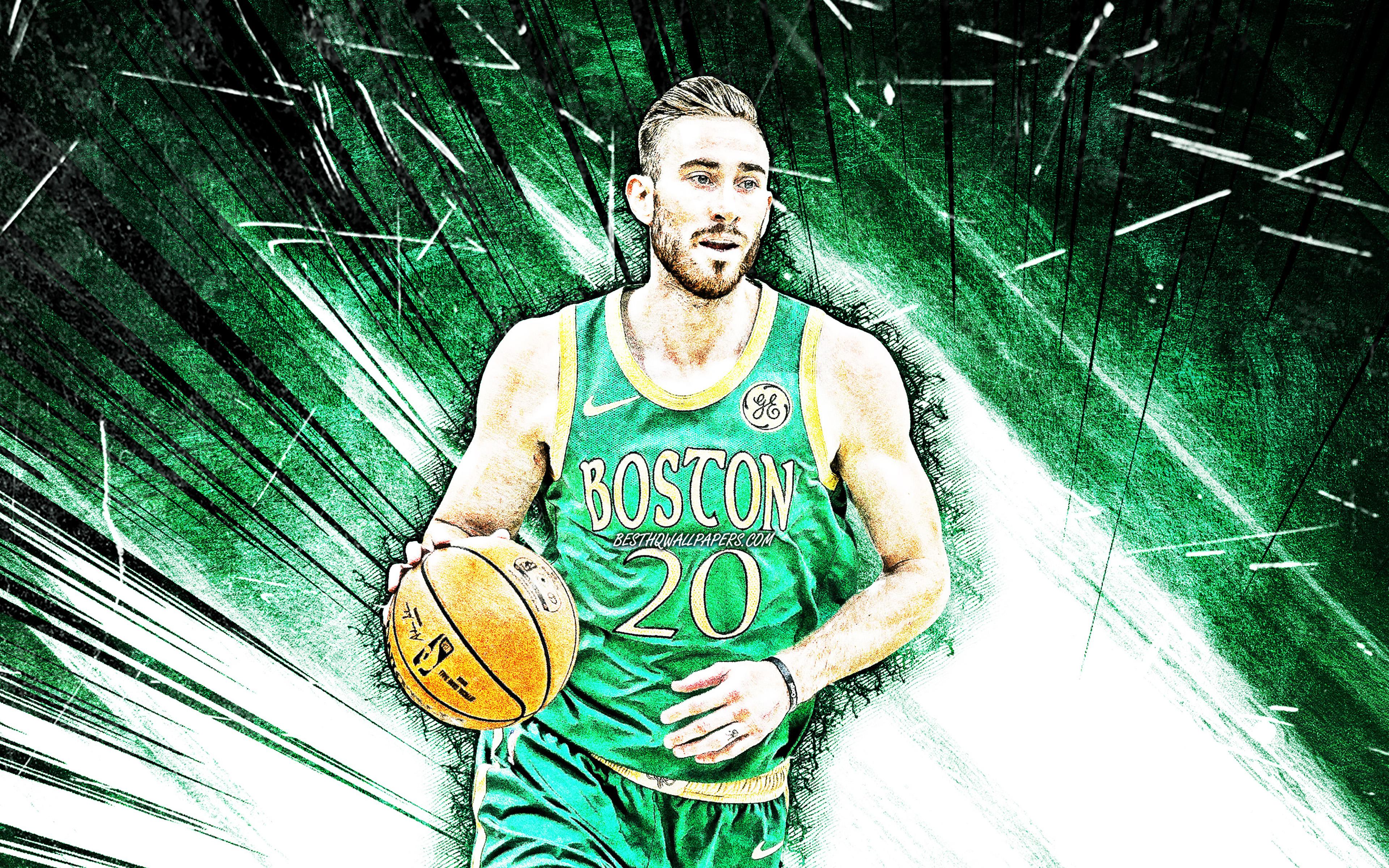 3840x2400 Download wallpaper 4k, Gordon Hayward, grunge art, Boston Celtics, NBA, basketball, green abstract rays, Gordon Daniel Hayward, USA, Gordon Hayward Boston Celtics, creative, Gordon Hayward 4K for desktop with resolution 3840x2400. High