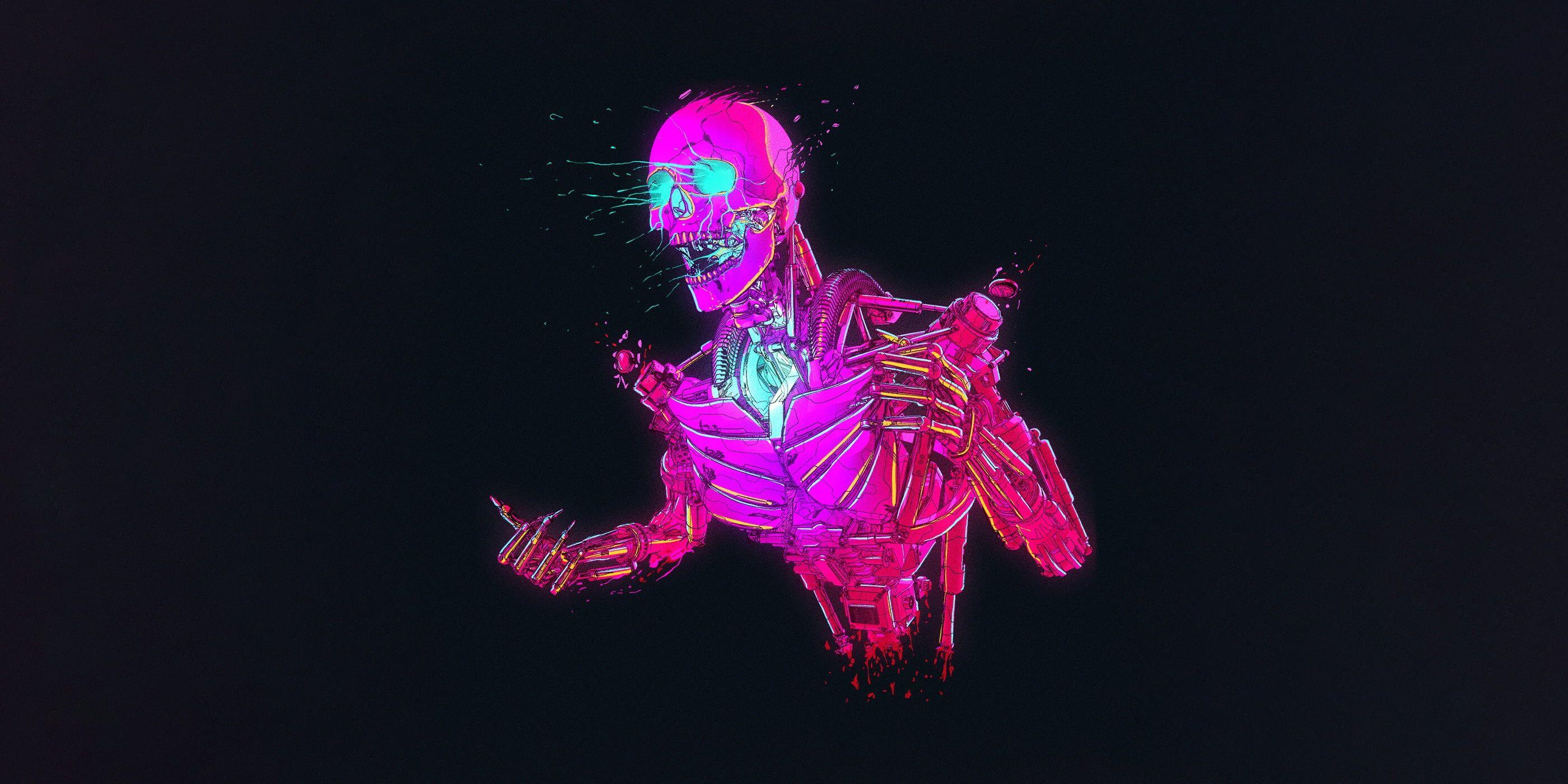 2800x1400 artwork #robot #cyberpunk #skull #Retrowave K #wallpaper #hdwallpaper #desktop. Robot wallpaper, Cyberpunk, Artwork