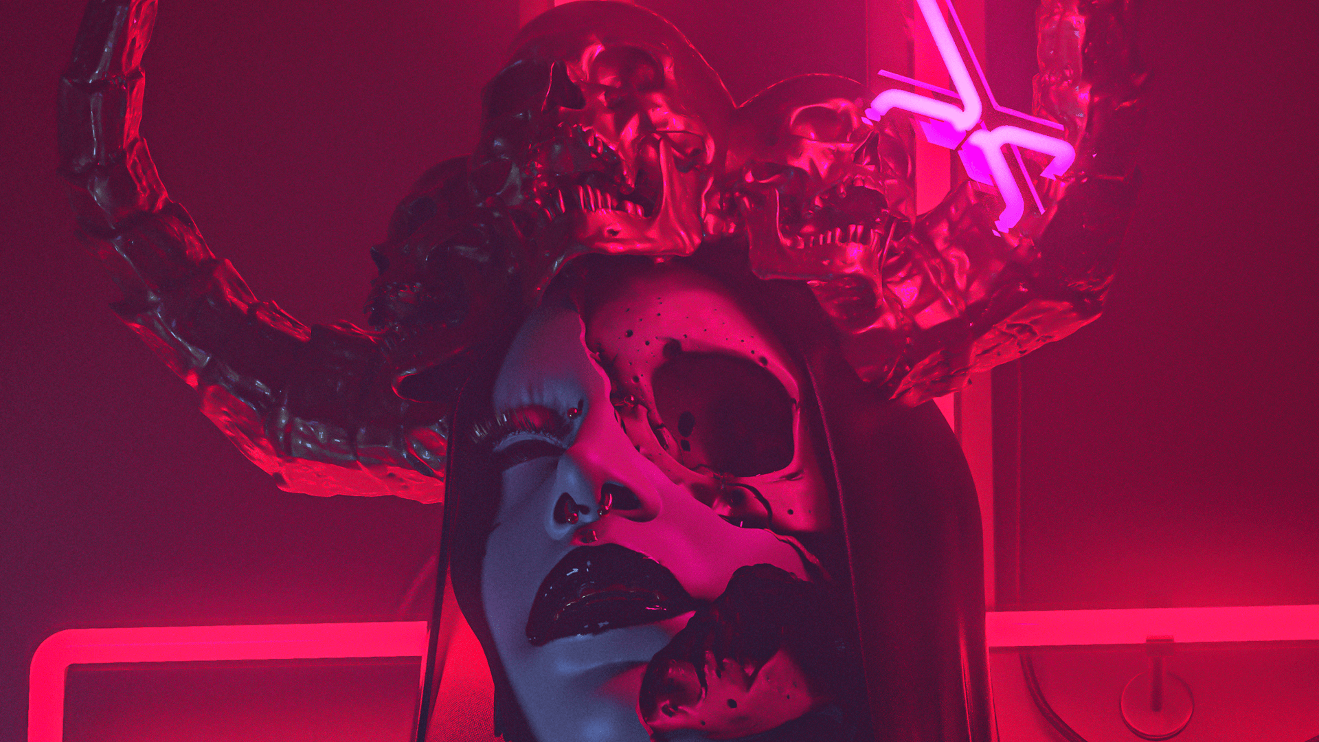 1920x1080 Billelis Skull Digital Art Cinema 4D Horns Cyberpunk Piercing Red Wallpaper:1920x1080