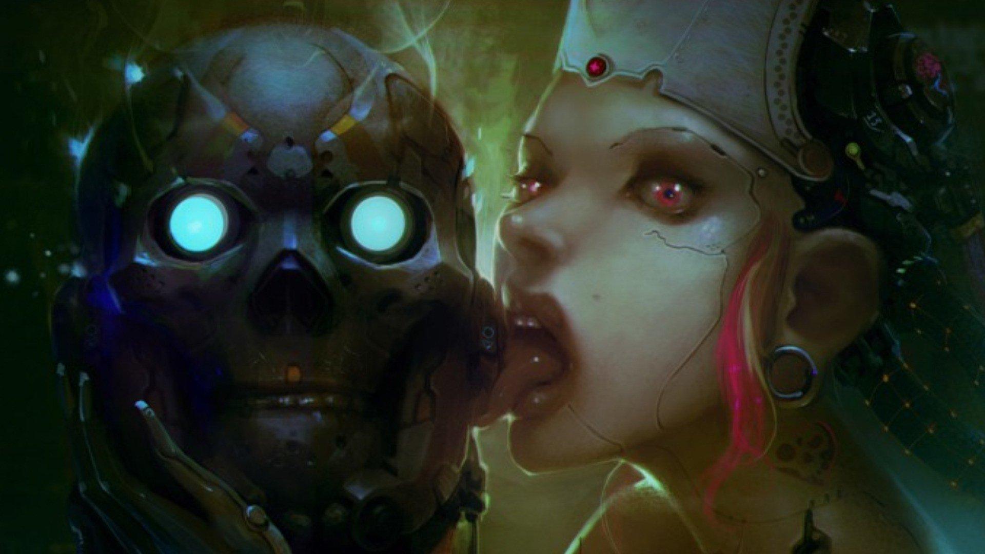 1920x1080 Creepy skulls robots cyberpunk piercings artwork androids wallpaperx1080