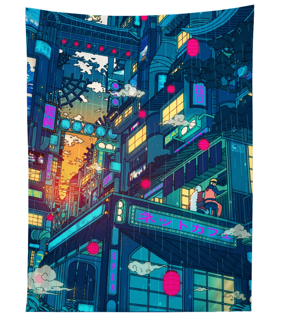 900x1021 Hidden Village Tapestry. Papel de parede vaporwave, Ilustrações retro, Animes wallpaper