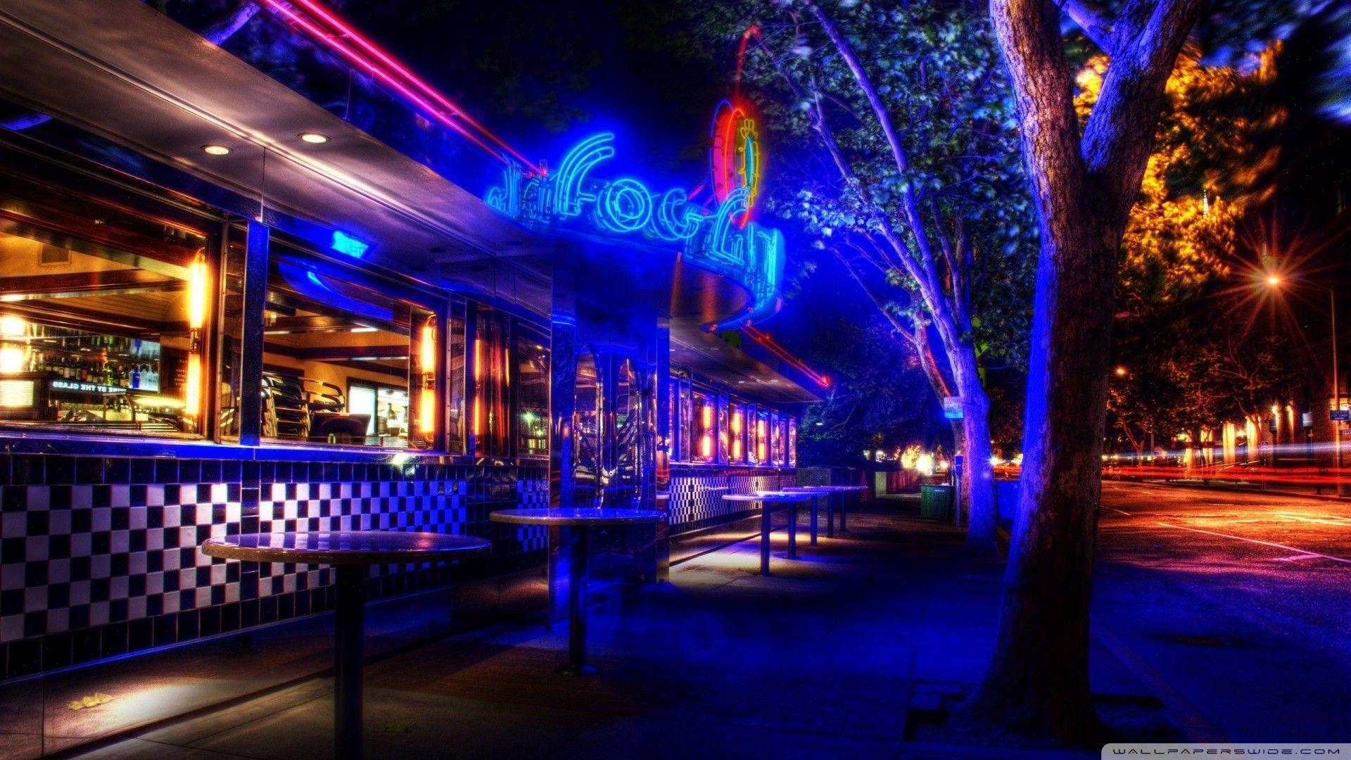 1920x1080 Other: Late Night Diner Neon Closing Lights Street Wide Resolution