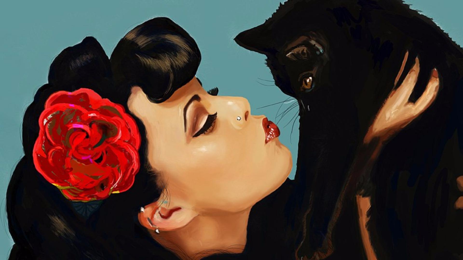 1920x1080 Fantasy Vintage Girl with Cat HD Wallpaper