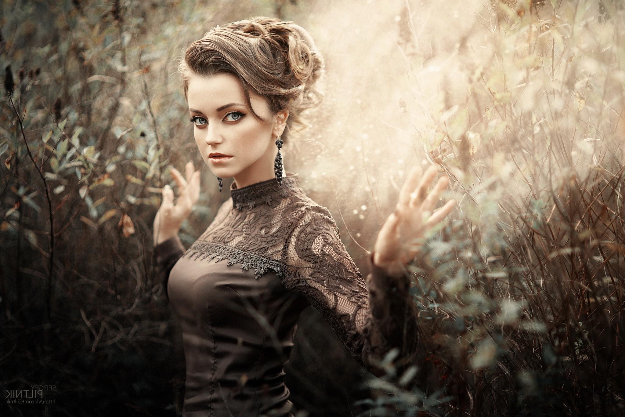 2048x1366 women, Model, Brunette, Blue Eyes, Dress, Vintage, Women Outdoors, Earrings, Portrait, Depth Of Field, Sergey Piltnik Wallpaper HD / Desktop and Mobile Background