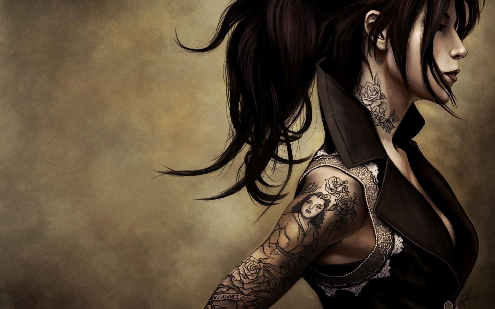 1920x1200 fantasy, Art, Tattoo, Gothic, Women, , Babes, Brunettes, Boobs, Cleavage, Dark, Glam, Kat, Von Wallpaper HD / Desktop and Mobile Background