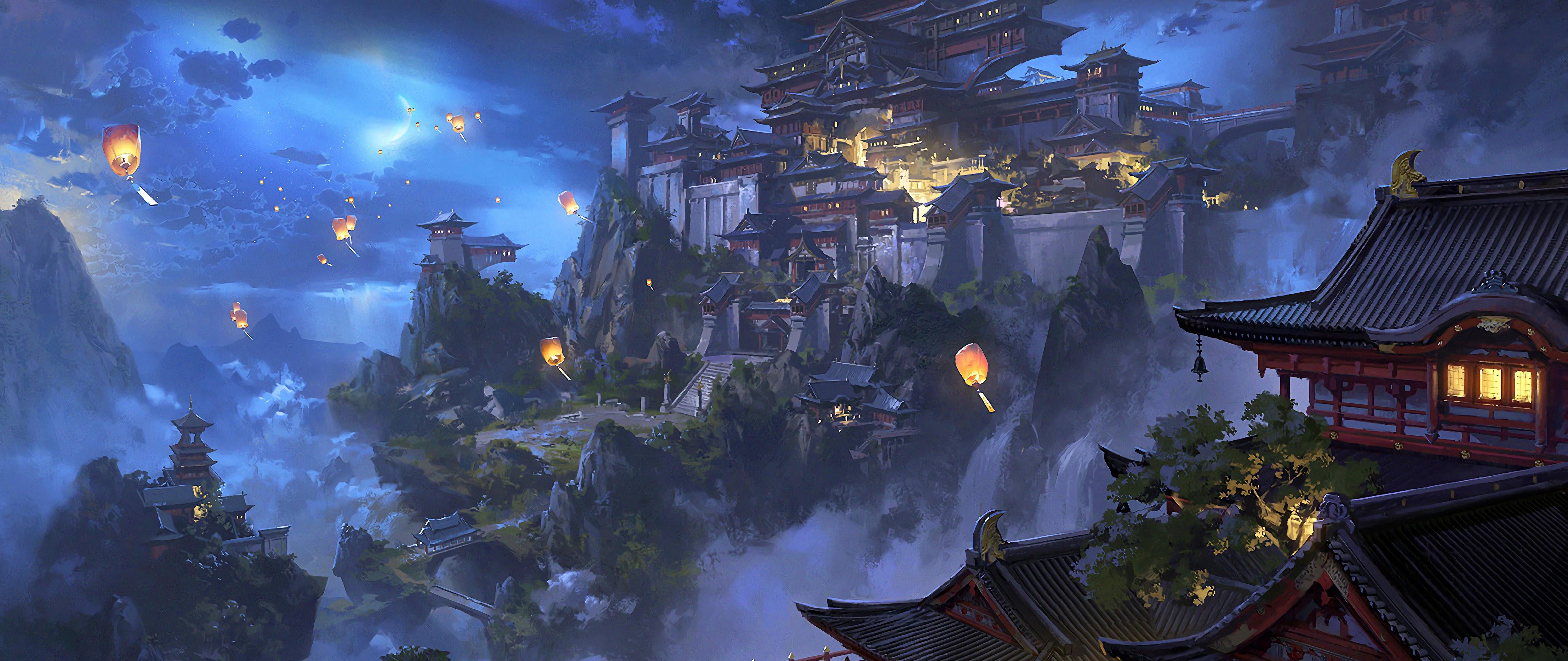 5120x2160 Anime Sky Lantern Mountain Japanese Castle Night Scenery 4K Wallpaper