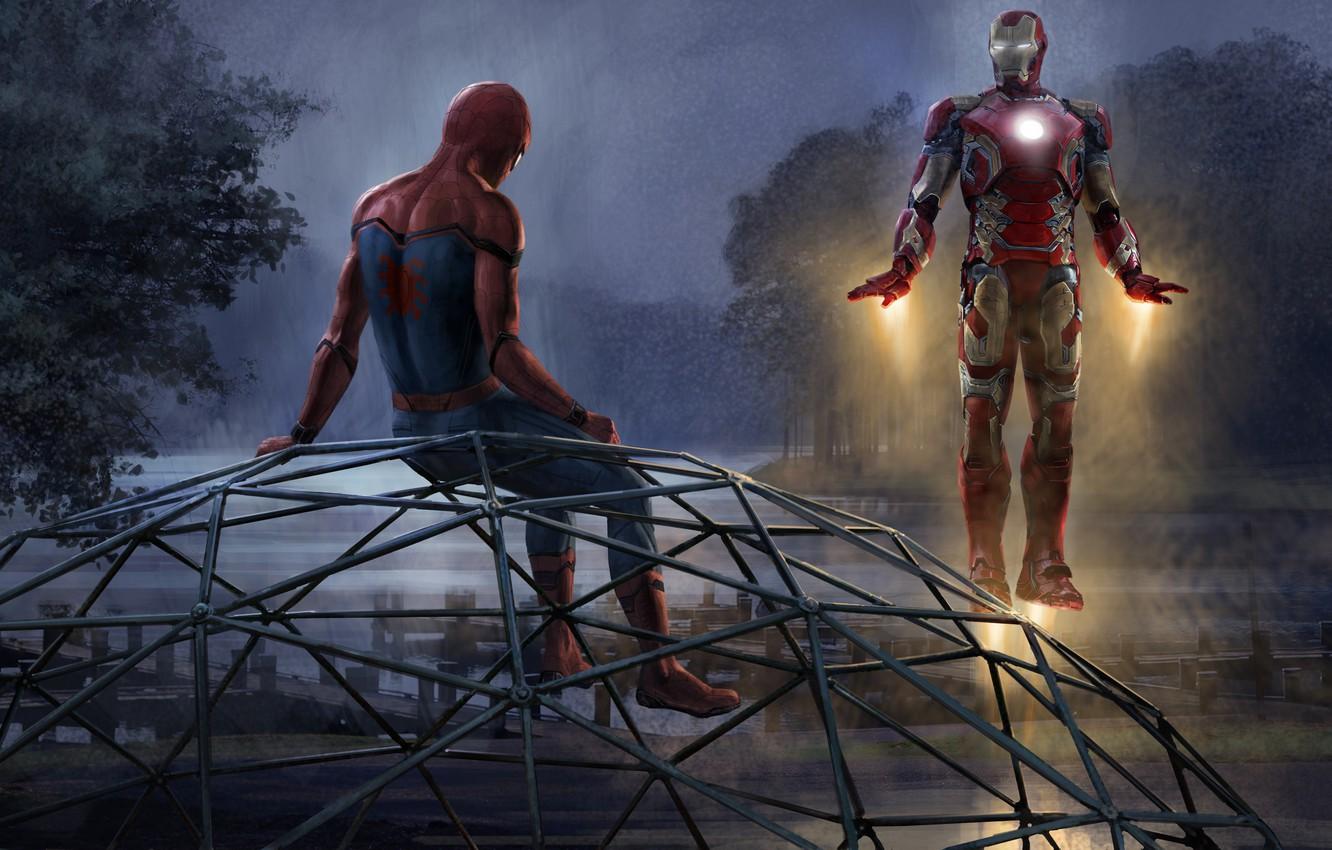 1332x850 Wallpaper Trees, Night, River, Fiction, Figure, Art, Iron Man, Iron Man, Comic, Piers, MARVEL, Spider Man, Tony Stark, Peter Parker, Spider, Spider Man: Homecoming Image For Desktop, Section фильмы