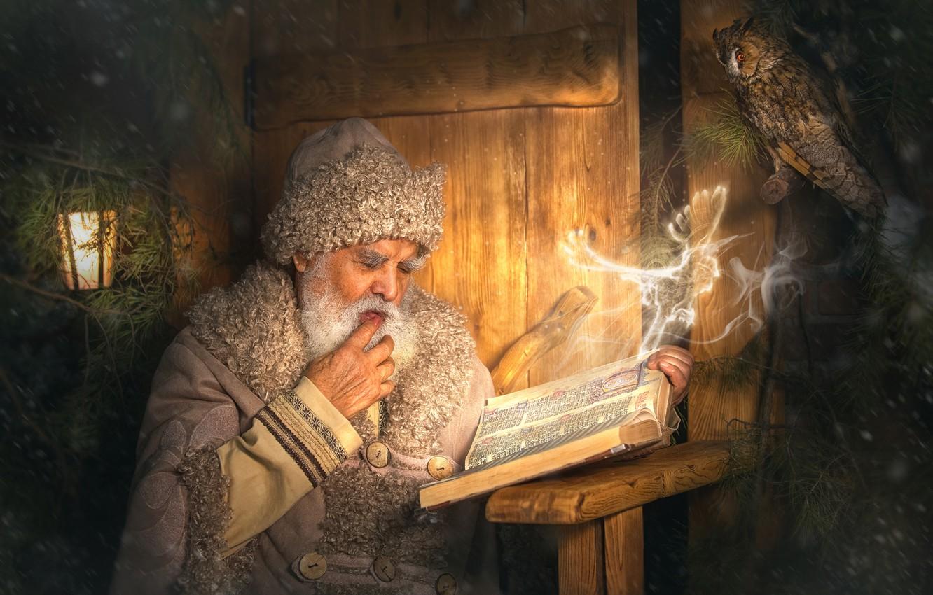 1332x850 Wallpaper owl, bird, magic, book, the old man, Santa Claus, owl, Alexander Yakimenko image for desktop, section новый год