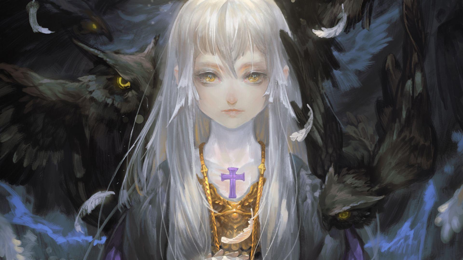 1920x1080 Desktop wallpaper fantasy, anime girl and birds, owl, art, HD image, picture, background, 6c649a