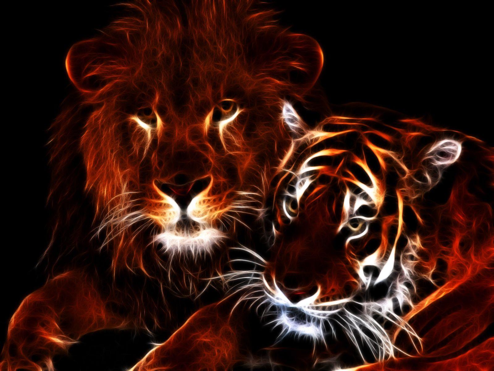 1600x1200 Glowing Lion and Tiger. Tiger wallpaper, Animals, Lion wallpaper