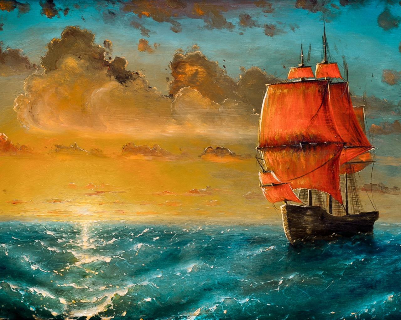 1280x1024 Fantastic Ocean Ship Sunset desktop PC and Mac wallpaper