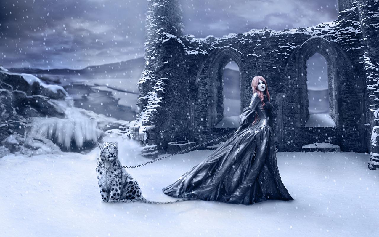 1280x800 Picture leopard Gothic Fantasy Winter female Fantasy Snowflakes Snow