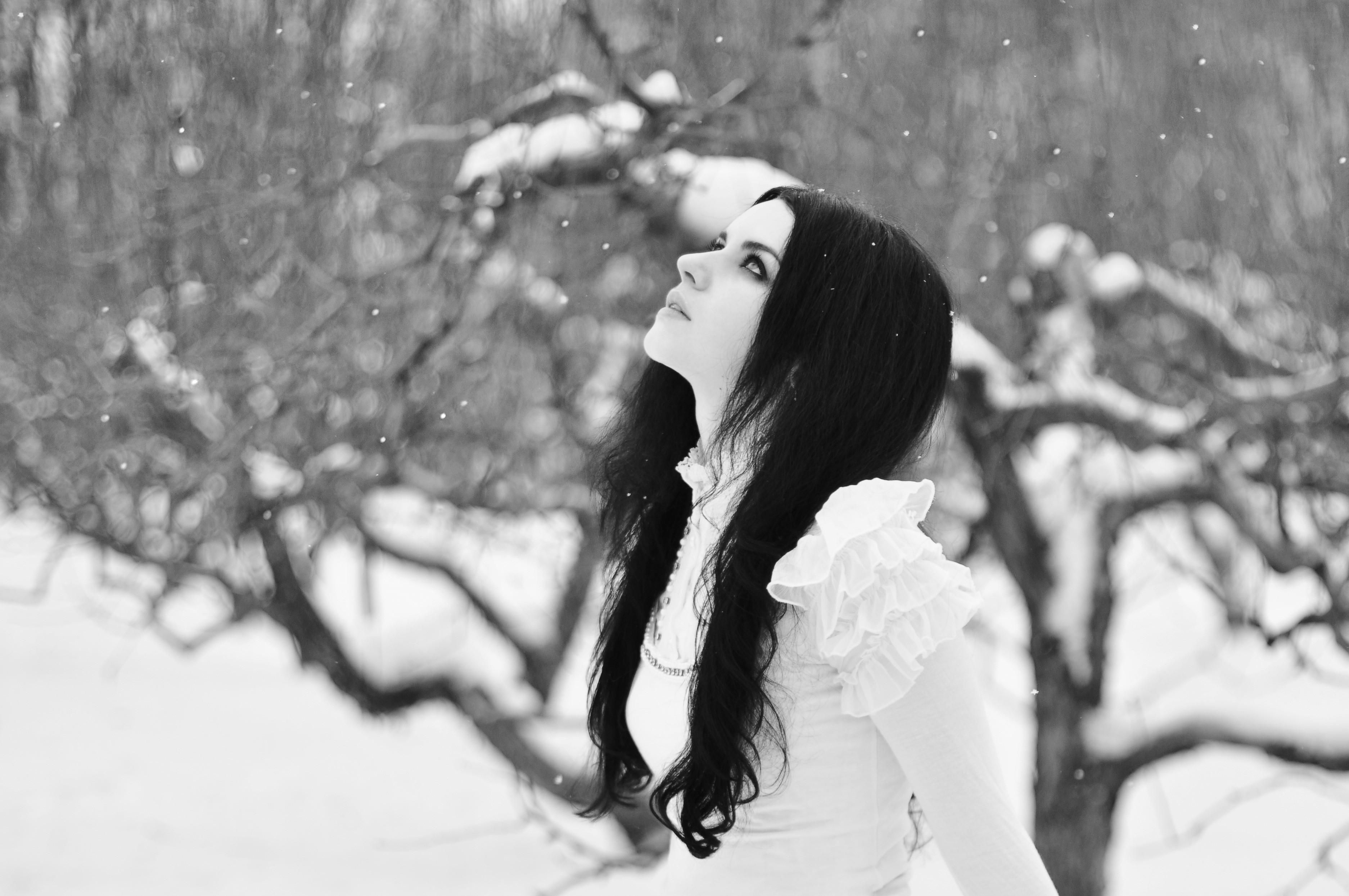3748x2490 brunettes women black and white winter snow dress long hair gothic white dress snowing 3748x2490