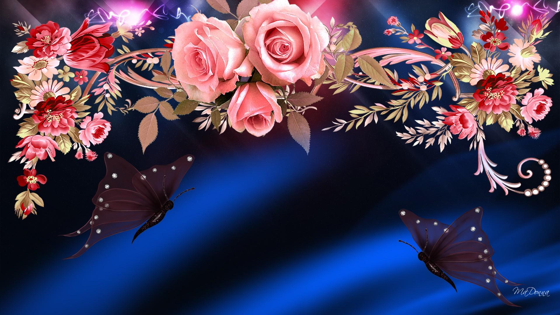 1920x1080 Roses and butterflies Wallpaper
