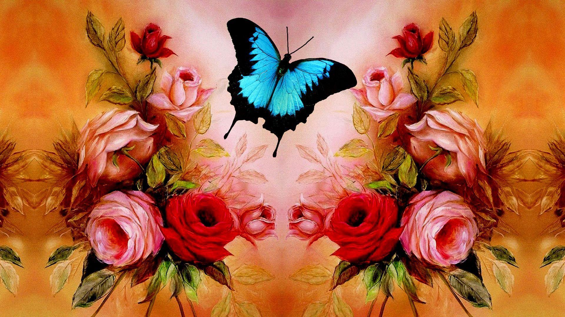 1920x1080 Roses and Butterflies Wallpaper