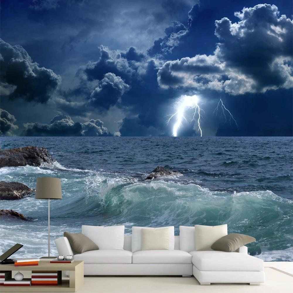 1000x1000 Custom Photo Wallpaper 3D Ocean Waves Lightning Dark Cloud Landscape Mural Wallpaper Living Room Bedroom Papel De Parede 3D. papel de parede 3D. papel de paredede parede