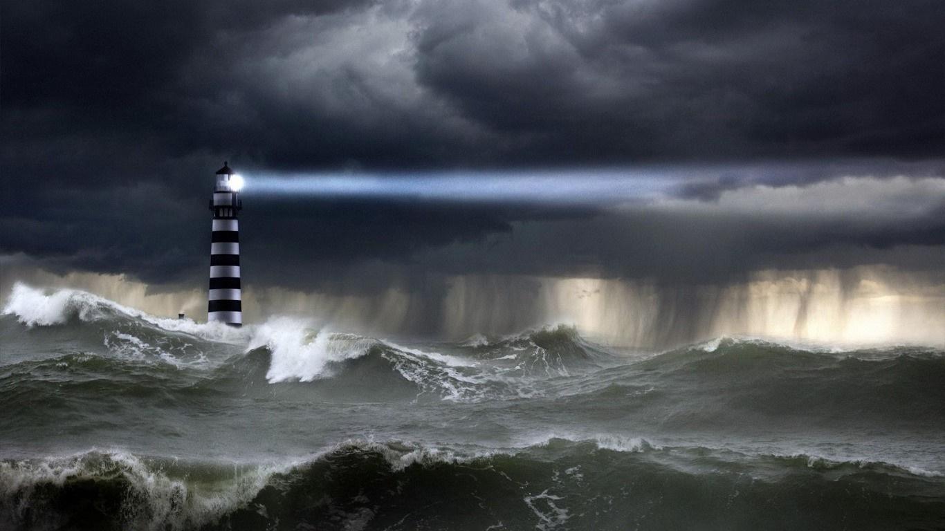 1366x768 landscape, lights, dark, sea, nature, rain, clouds, storm, tower, waves, coast, lighthouse, wind, cloud, weather, ocean, wave, atmospheric phenomenon, wind wave HD Wallpaper