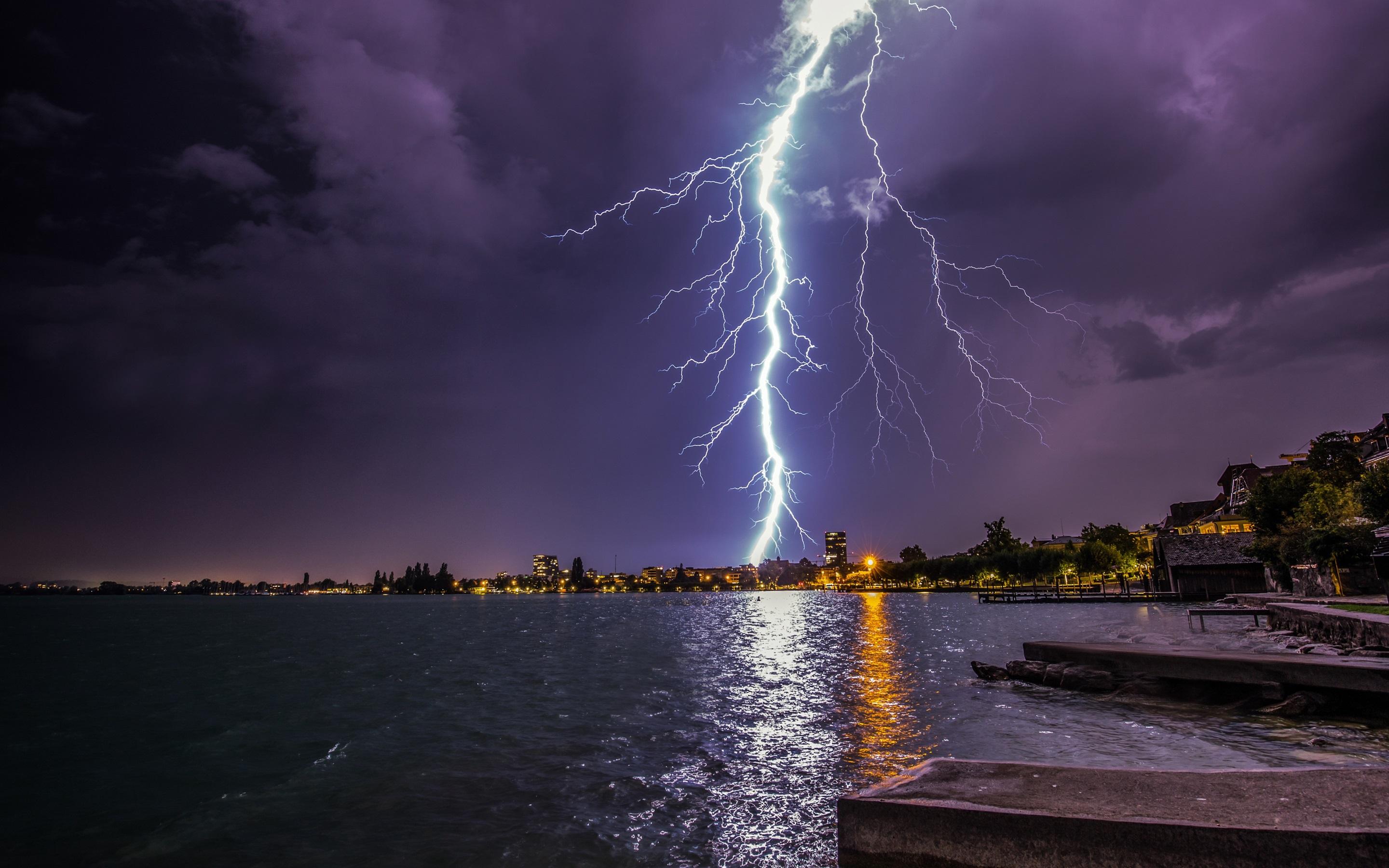 2880x1800 Wallpaper Lightning, storm, city, lake, lights, night, pier 2880x1800 HD Picture, Image