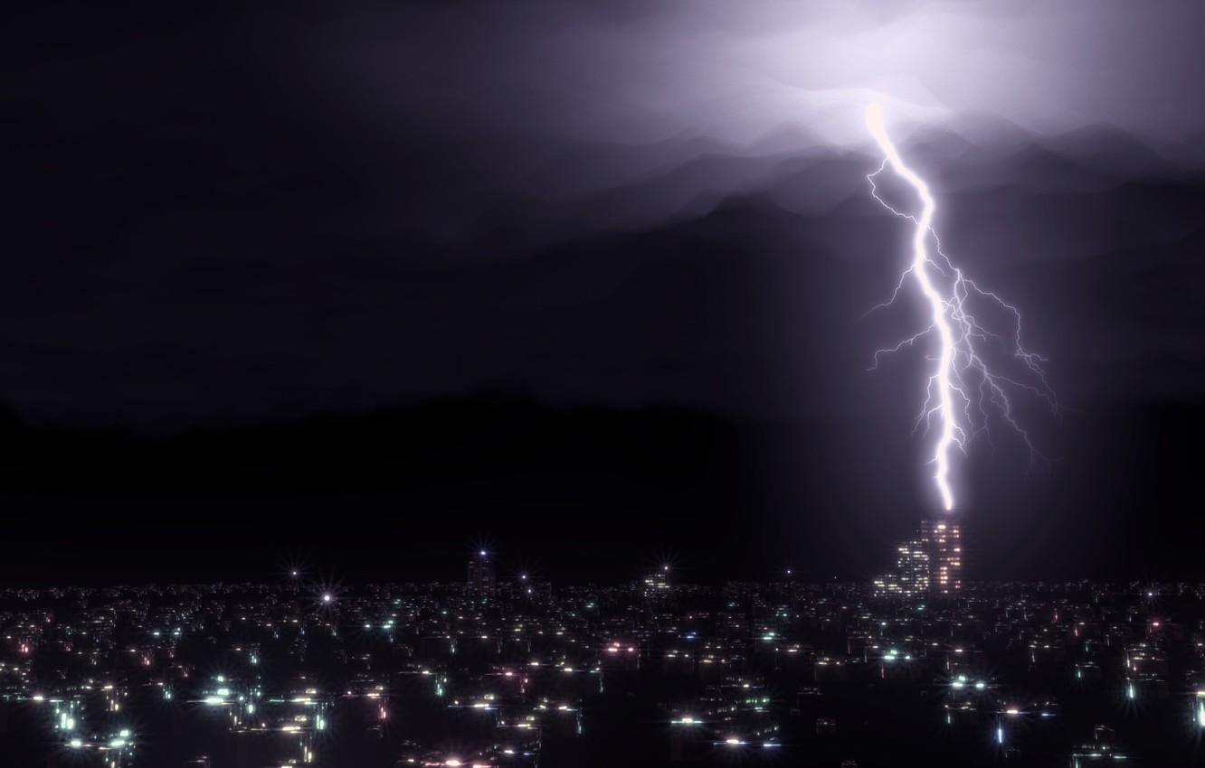 1332x850 Wallpaper the storm, the sky, light, night, city, the city, lights, rendering, lightning, home, dark, Light, night, render, clouds, dark image for desktop, section рендеринг