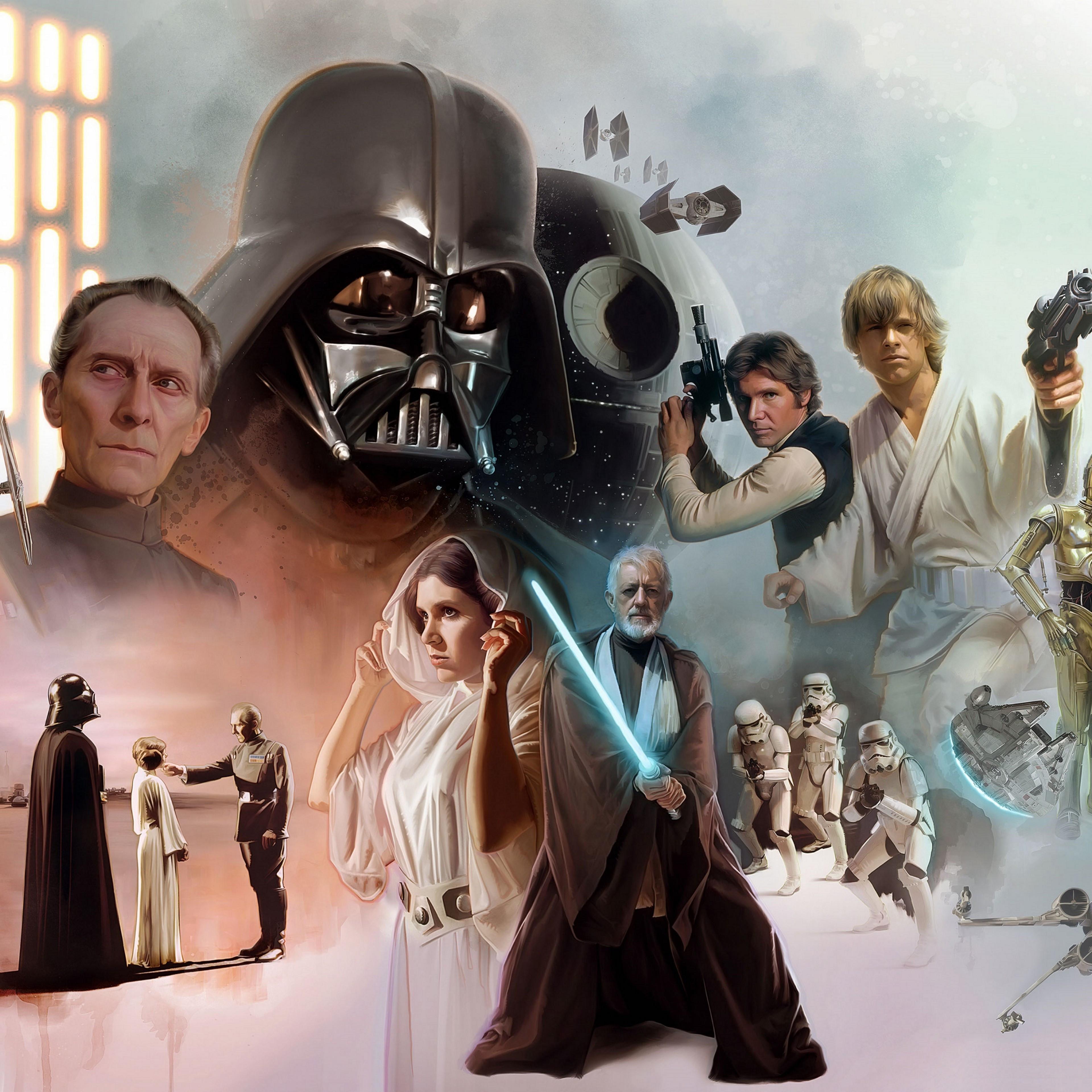 3840x3840 Download 3840x3840 Star Wars, Darth Vader, Luke Skywalker, Stormtrooper, Chewbacca, Artwork Wallpaper