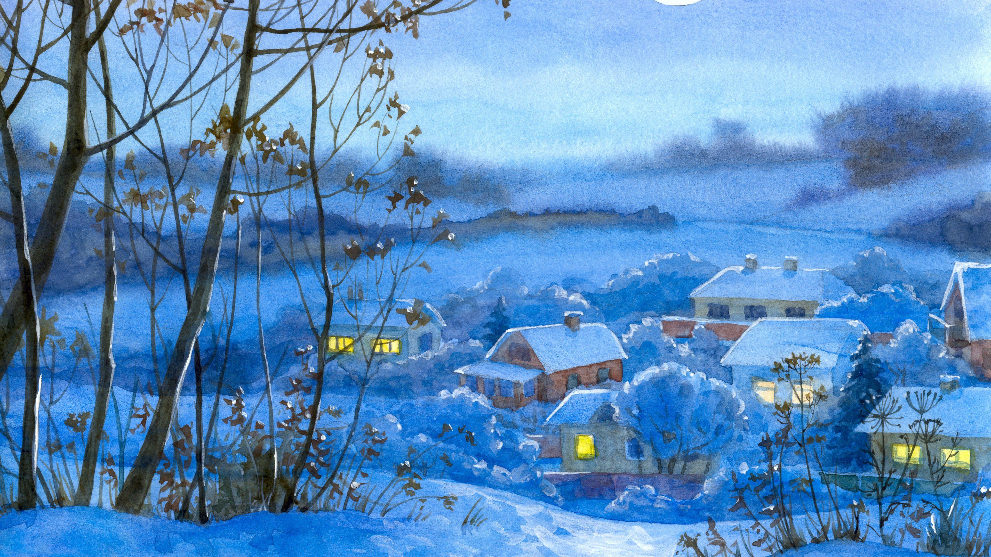 3840x2160 Download wallpaper 3840x2160 painting, winter, village, home, night, month, snow 4k uhd 16:9 HD background