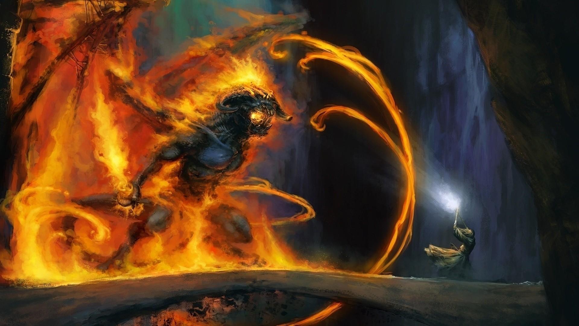 1920x1080 balrog, Gandalf, Fire, Fantasy, Art, Artwork, The, Mines, Of, Moria Wallpaper HD / Desktop and Mobile Background