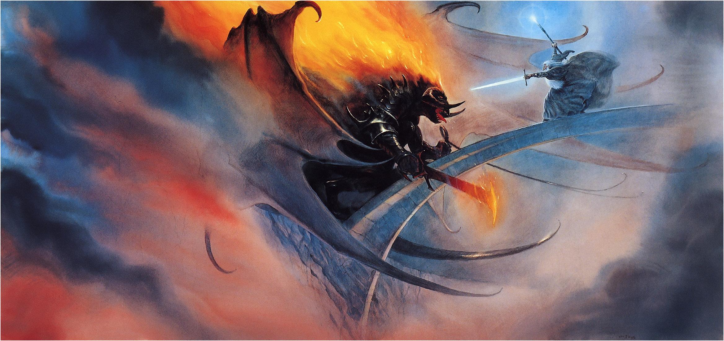 2337x1100 balrog gandalf the lord of the rings fantasy art artwork the mines of moria john howe the fellowship High Quality Wallpaper, High Definition Wallpaper